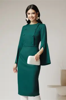 Rochie Moze eleganta din stofa verde cu maneci evazate si nasturi la bust imagine