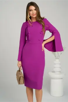 Rochie Moze eleganta din stofa violet cu maneci evazate si nasturi la bust imagine