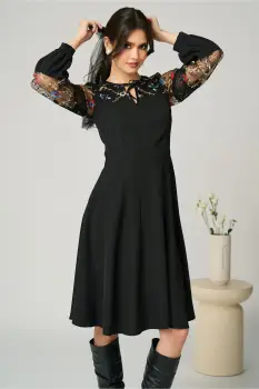 Rochie Moze eleganta din triplu voal cu broderie pe maneci imagine