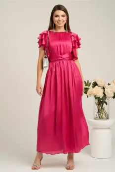 Rochie Moze lunga eleganta din voal fucsia cu volanase la maneci imagine