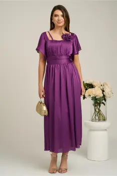 Rochie Moze lunga eleganta din voal mov cu floare la bust imagine