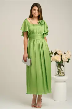 Rochie Moze lunga eleganta din voal verde cu floare la bust imagine