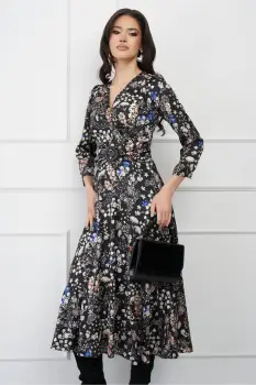 Rochie Moze neagra din satin cu imprimeuri florale imagine