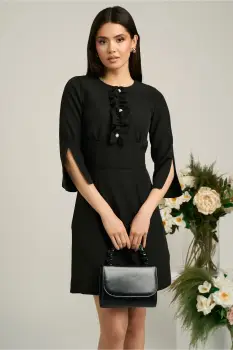 Rochie Moze neagra scurta cu volanase si perle pe bust imagine