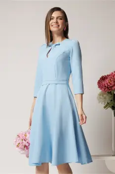 Rochie Moze office bleu din stofa cu funda si decupaj la guler imagine