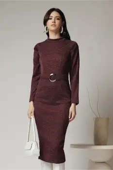 Rochie Moze office din jerse burgundy cu catarama in talie imagine