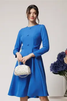 Rochie Moze office din stofa albastra cu nasturi la bust si funde in talie imagine