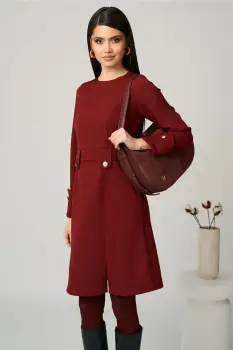 Rochie Moze office din stofa bordo cu nasturi in talie imagine