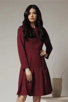 Rochie Moze office din stofa bordo cu pliuri pe fusta imagine