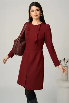 Rochie Moze office din stofa bordo cu volane pe bust imagine