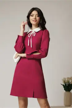 Rochie Moze office din stofa magenta cu guler alb imagine