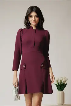 Rochie Moze office din stofa mov pruna cu nasturi pe fusta imagine