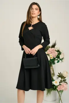 Rochie Moze office din stofa neagra cu decupaje si nasturi la decolteu imagine