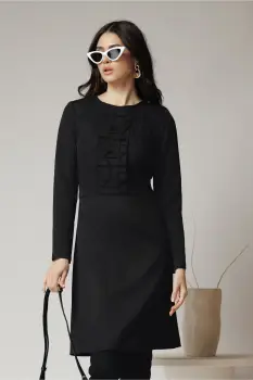 Rochie Moze office din stofa neagra cu flori la bust imagine