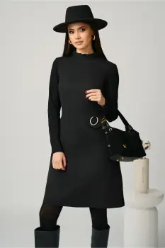 Rochie Moze office din stofa neagra cu maneci din tricot si catarama in talie imagine