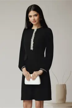 Rochie Moze office din stofa neagra cu maneci din voal si broderie pe bust imagine