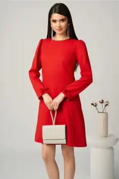 Rochie Moze office din stofa rosie cu funde la maneci imagine