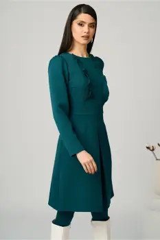 Rochie Moze office din stofa verde cu volane pe bust imagine