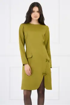 Rochie Moze office din stofa verde lime cu funde si crepeu pe fusta imagine