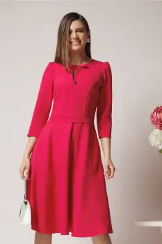 Rochie Moze office fucsia din stofa cu funda si decupaj la guler imagine
