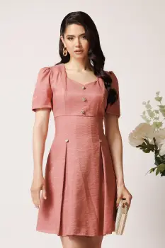 Rochie Moze scurta din brocard roz cu nasturi decorativi imagine