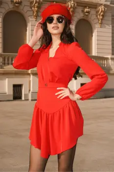 Rochie Moze scurta eleganta din triplu voal rosie cu volan pe fusta imagine