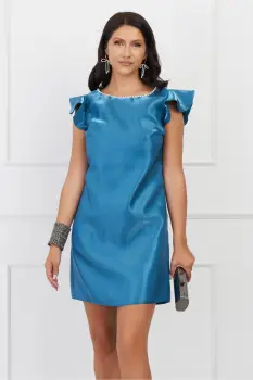 Rochie Moze turcoaz din organza cu perle la decolteu imagine