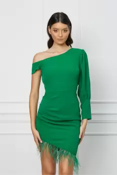 Rochie Moze verde cu pene la baza si lungime asimetrica imagine