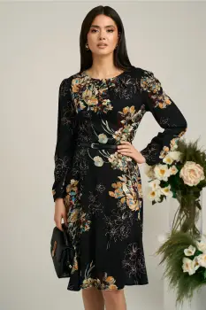 Rochie neagra cu imprimeuri florale bej si curea in talie imagine
