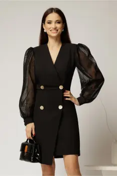 Rochie neagra scurta tip sacou cu maneci din dantela imagine