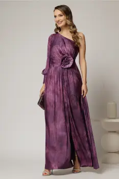 Rochie Noa lunga de ocazie mov din satin cu floare maxi pe talie imagine