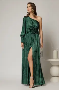 Rochie Noa lunga de ocazie verde din satin cu floare maxi pe talie imagine