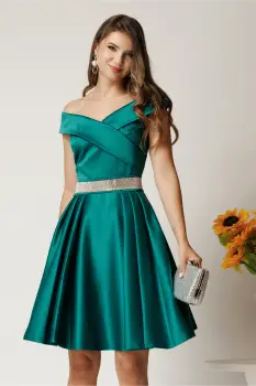 Rochie Nova scurta turcoaz din tafta in clos cu strasuri in talie imagine