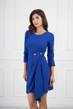 Rochie Oana albastra cu brosa in talie si fusta petrecuta imagine