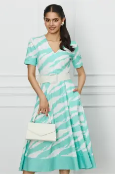 Rochie Oana verde mint cu imprimeu alb si curea in talie imagine