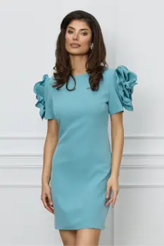 Rochie office bleu cu flori maxi pe maneci imagine