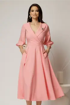 Rochie office de ocazie din stofa roz somon cu bust petrecut si rever imagine
