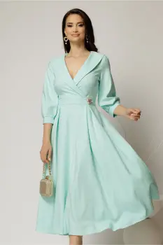 Rochie office de ocazie din stofa turcoaz cu bust petrecut si rever imagine