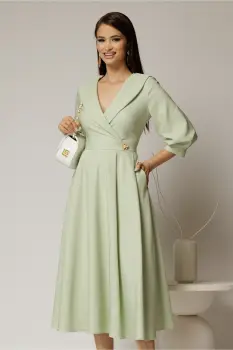 Rochie office de ocazie din stofa verde fistic cu bust petrecut si rever imagine