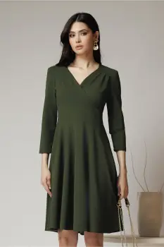 Rochie office din crep kaki cu bust petrecut imagine