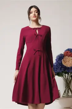 Rochie office din crep magenta cu fundite pe bust imagine