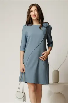 Rochie office din stofa bleu cu floare pe umar imagine