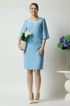 Rochie office din stofa bleu cu funda alba pe bust imagine