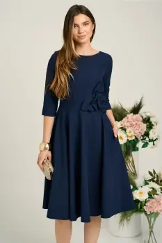 Rochie office din stofa bleumarin cu aplicatie florala in talie imagine