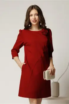 Rochie office din stofa bordo cu floare pe umar imagine