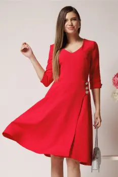 Rochie office din stofa corai cu nasturi in talie imagine