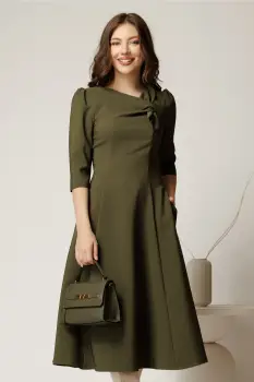 Rochie office din stofa kaki cu funda la bust imagine