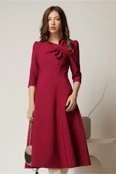 Rochie office din stofa magenta cu funda la bust imagine