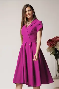 Rochie office din stofa magenta cu nasturi si cordon decorativ in talie imagine