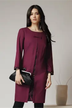 Rochie office din stofa mov cu funda la bust si imprimeu imagine